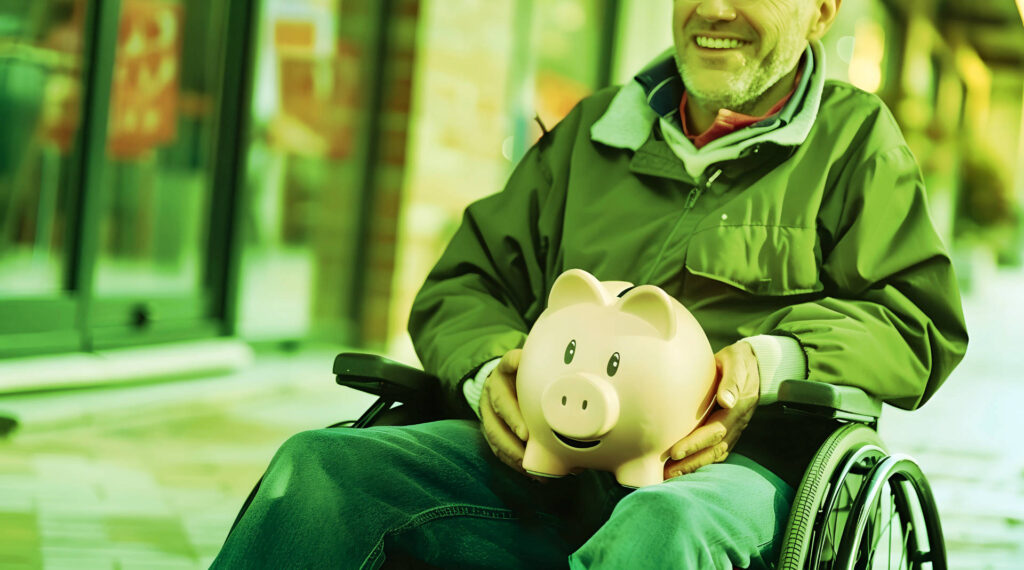 disabled person with a piggy bank