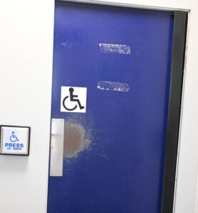 Train station toilet door