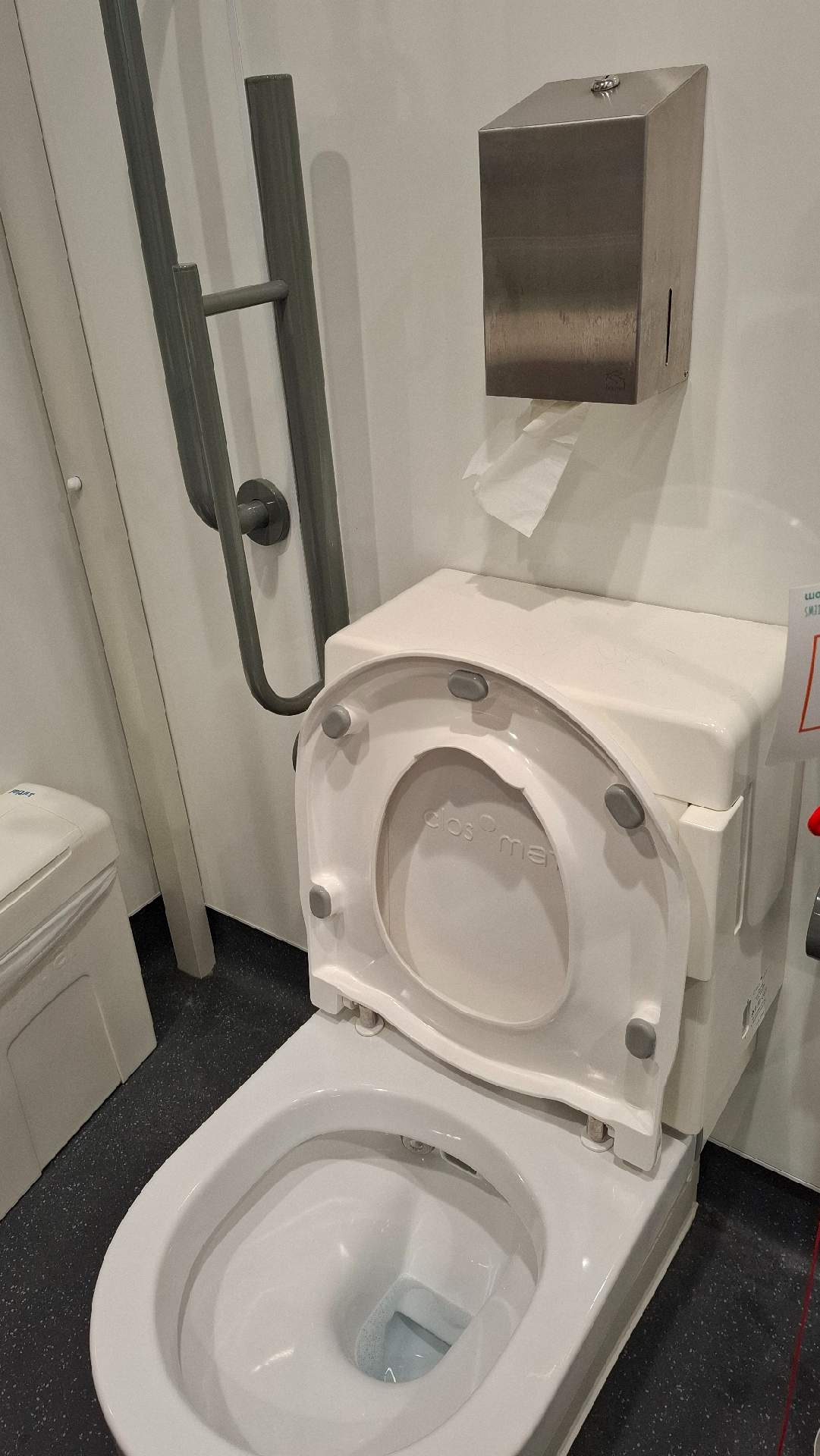 Toilet paper holder directly behind, not accessible for anyone